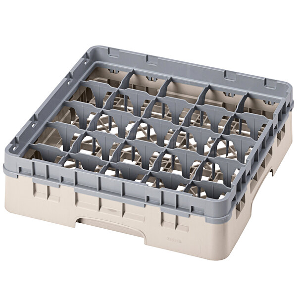 A beige plastic Cambro glass rack with 25 compartments.