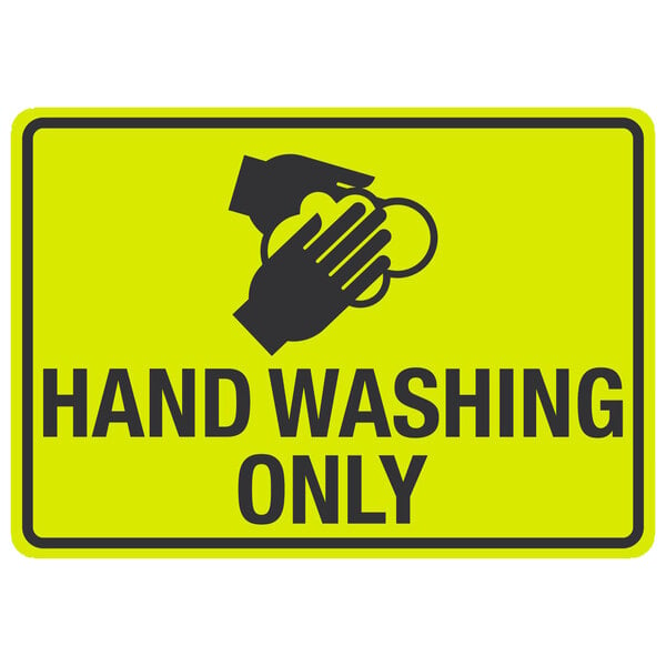 A yellow sign with black text that says "Hand Washing Only" and a hand symbol.