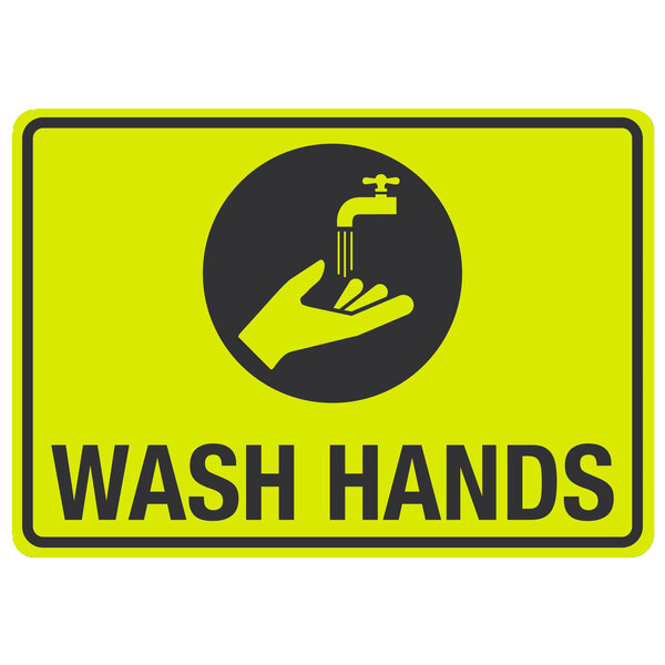 A yellow and black sign with a hand and a faucet and the words "Wash Hands" in black text.