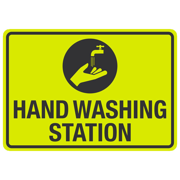 a yellow and black sign with a hand and a faucet