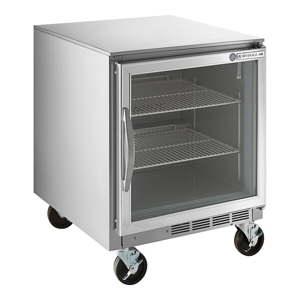 A silver Beverage-Air undercounter refrigerator with a glass door.
