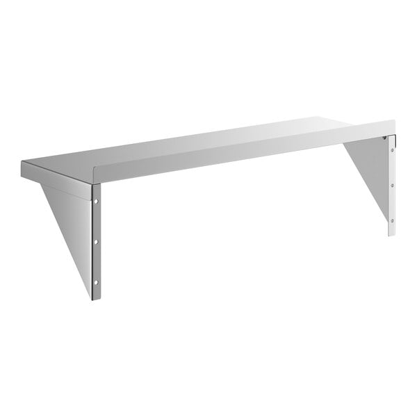 A stainless steel solid wall shelf with triangular brackets for support.
