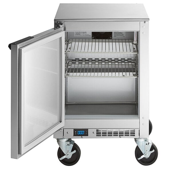 A silver Beverage-Air undercounter freezer with a door open.