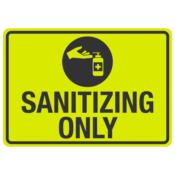 a yellow sign with a hand and a bottle of soap