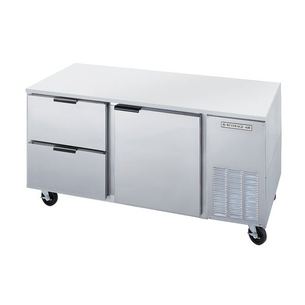 A stainless steel Beverage-Air undercounter refrigerator with two drawers and black handles.