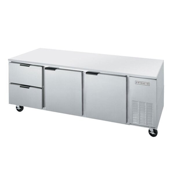 A white undercounter refrigerator with drawers.