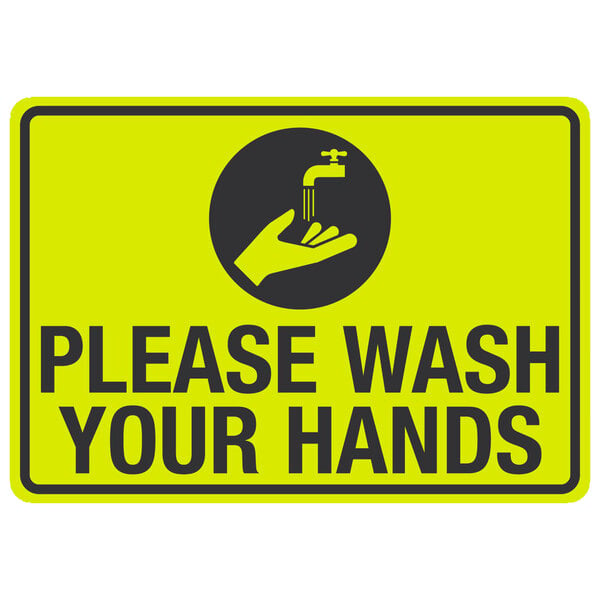 a yellow and black sign with a hand and a faucet