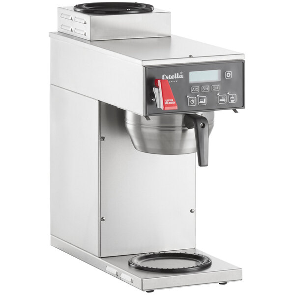 A silver Estella Caffe automatic coffee brewer with a black and red button.