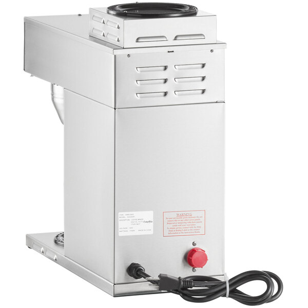 A silver Estella Caffe automatic coffee brewer with a digital display and red accents.