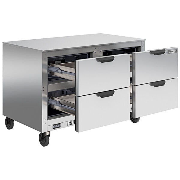 A stainless steel Beverage-Air undercounter freezer with drawers.