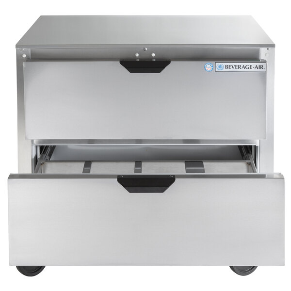 A Beverage-Air stainless steel undercounter refrigerator with two drawers.