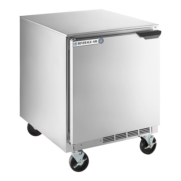 A silver stainless steel Beverage-Air undercounter refrigerator with wheels.