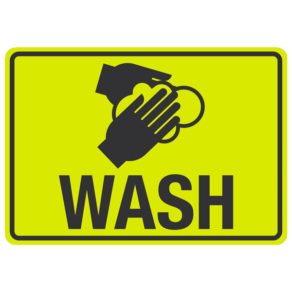 A black and yellow sign with the word "Wash" and symbols of hands washing.