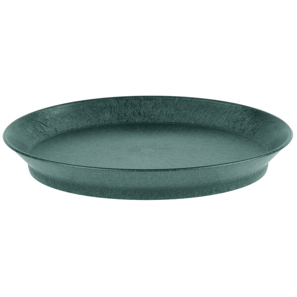 An oval green polypropylene deli server with a short base.