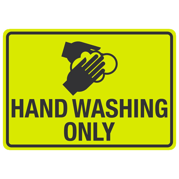 A yellow sign with black text reading "Hand Washing Only" and a hand symbol.