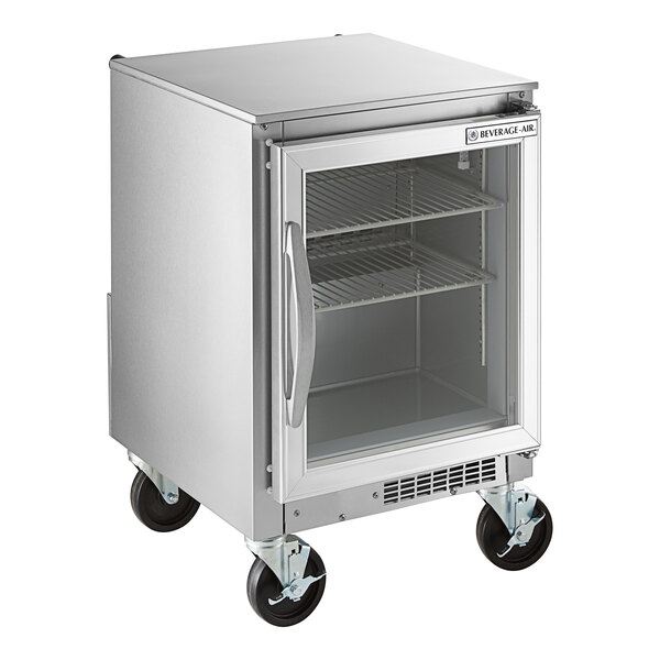 A stainless steel Beverage-Air undercounter refrigerator with a glass door on wheels.