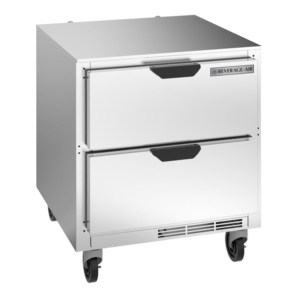 A silver Beverage-Air undercounter refrigerator with two drawers.