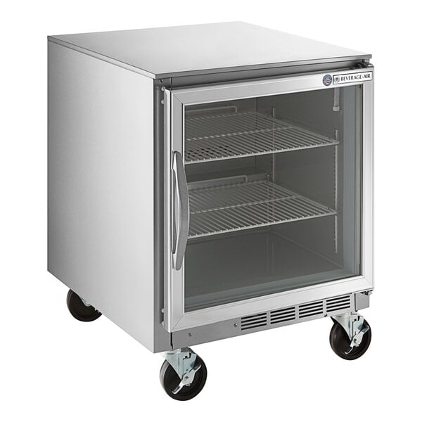 A silver Beverage-Air undercounter refrigerator with a glass door.