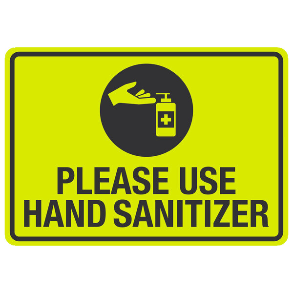 A yellow and black sign with black text and a hand sanitizer symbol.