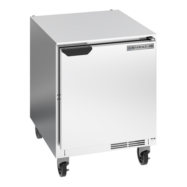 A stainless steel Beverage-Air undercounter refrigerator with wheels.