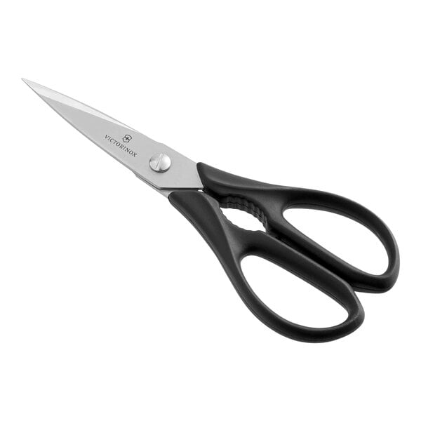 A pair of Victorinox kitchen shears with black handles.