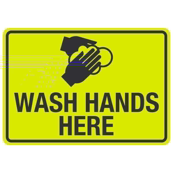 A yellow and black sign with black text and a hand washing