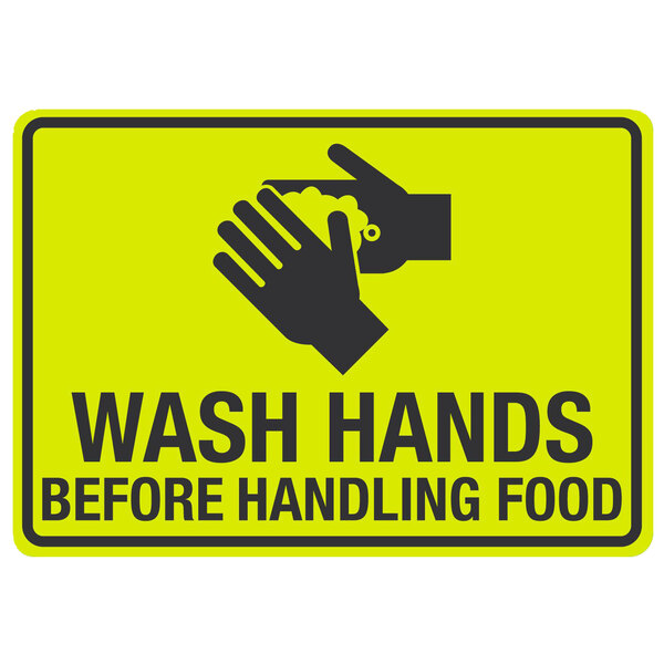 a yellow sign with black text and a hand washing