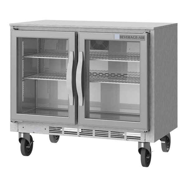 A Beverage-Air stainless steel undercounter refrigerator with two doors.
