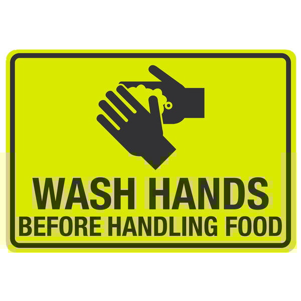 A yellow sign with black text and a hand washing symbol.