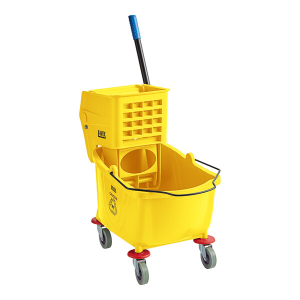 A yellow Lavex mop bucket on wheels with a blue side press wringer.