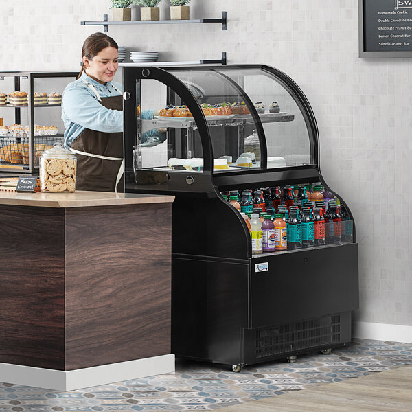 Commercial Curved Glass Refrigerated Display Merchandiser | Dual Service Cooler For Coffee Shops & Bakeries