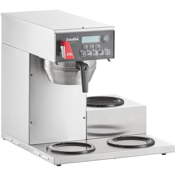 An Estella Caffe silver automatic coffee maker with a digital display.