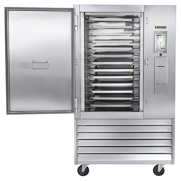 A large stainless steel Traulsen blast chiller with a door open.