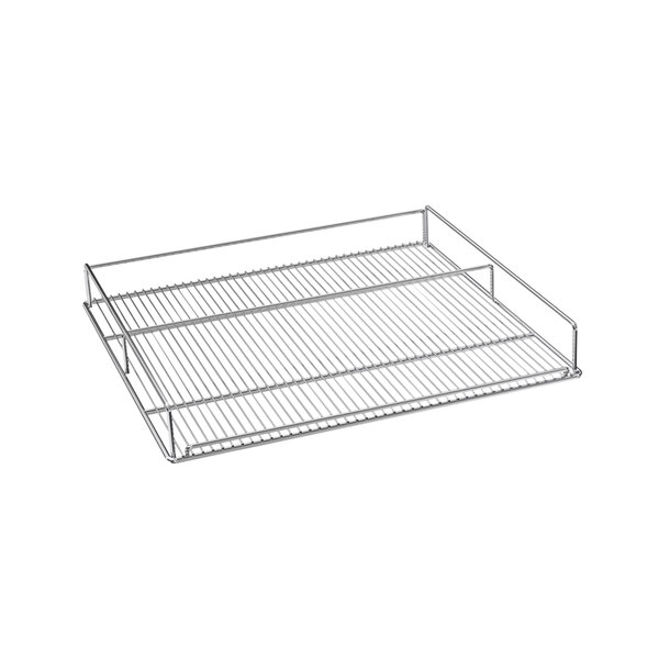 A metal wire rack for wine bottles.