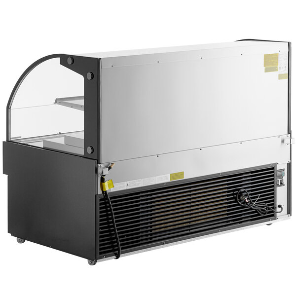 An Avantco black horizontal air curtain merchandiser with a glass door.