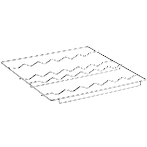 A white metal rack with wavy lines for wine bottles.