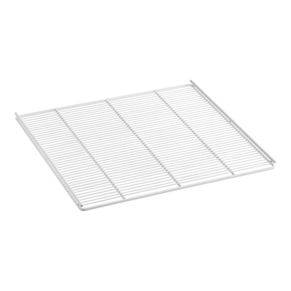 A white epoxy coated wire shelf with a metal grid.