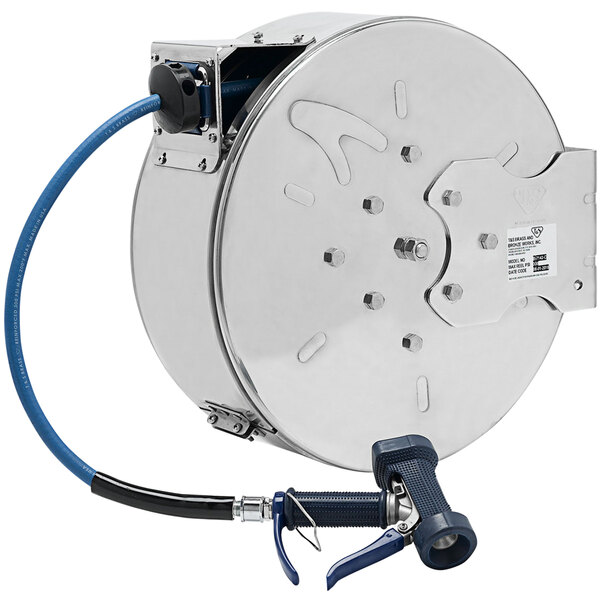 A silver cable reel with a stainless steel hose and blue accents.