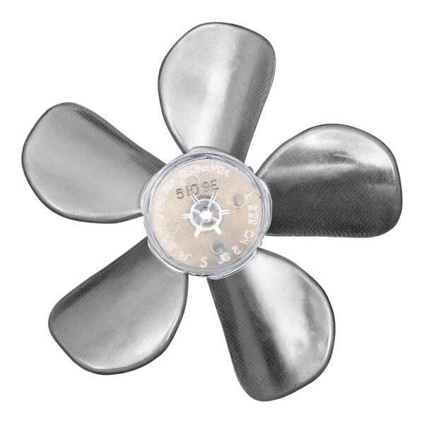 A silver Heatcraft evaporator fan blade with a propeller shape.