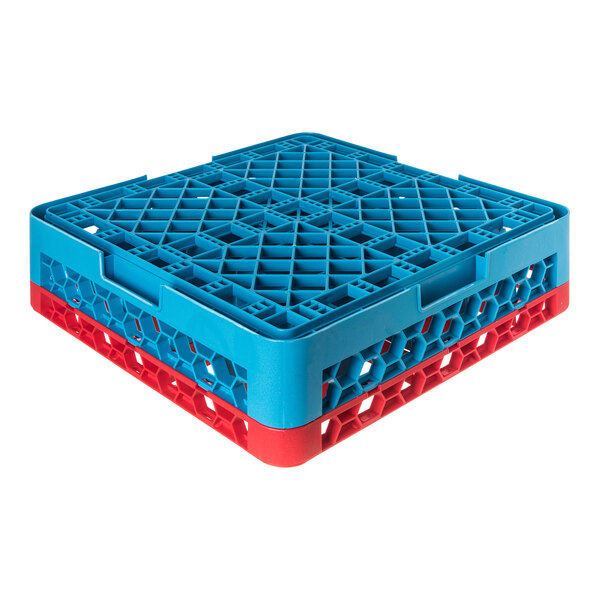 A blue and red plastic glass rack with 25 compartments and one extender.