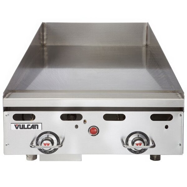 A Vulcan liquid propane commercial griddle with a chrome top and snap-action thermostatic controls.