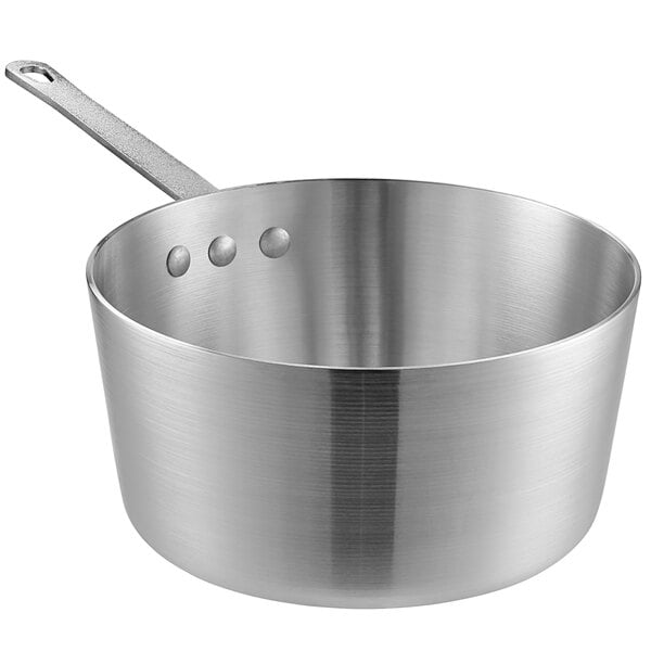 A silver aluminum Choice sauce pan with a handle.
