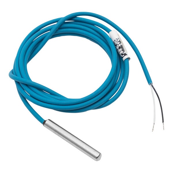 A blue and white cable attached to a Heatcraft defrost sensor with a metal tube.