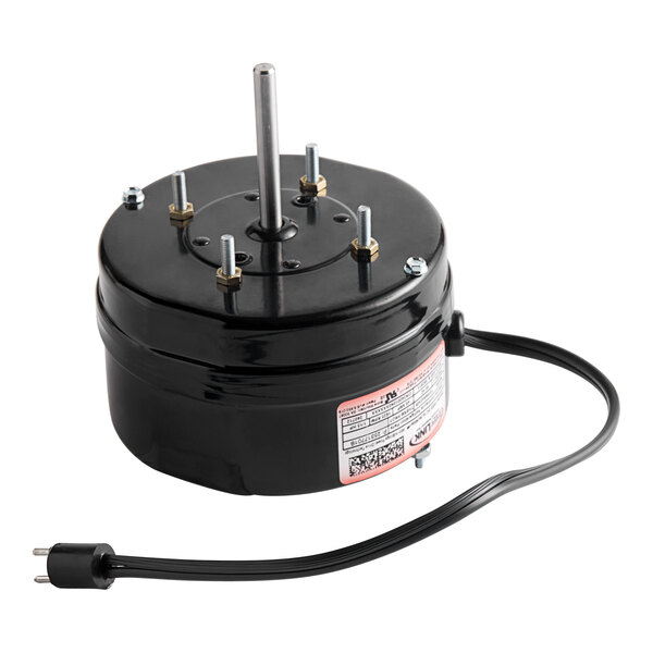 A black round Heatcraft evaporator fan motor with a metal pole attached to it.