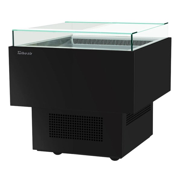 A black rectangular Turbo Air open display merchandiser with a glass top.