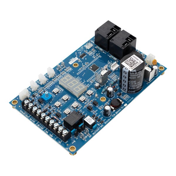 A blue Heatcraft Beacon control board with many small components.