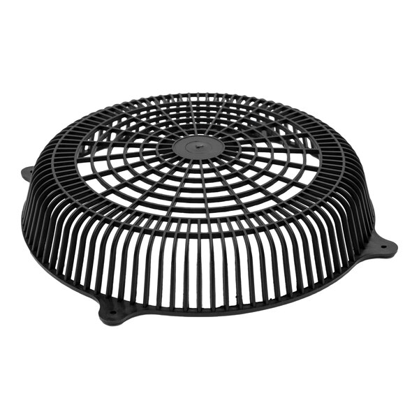 A black plastic fan guard with a circular design.