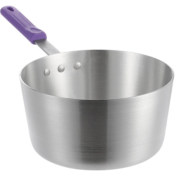 A Choice aluminum sauce pan with a purple silicone handle.