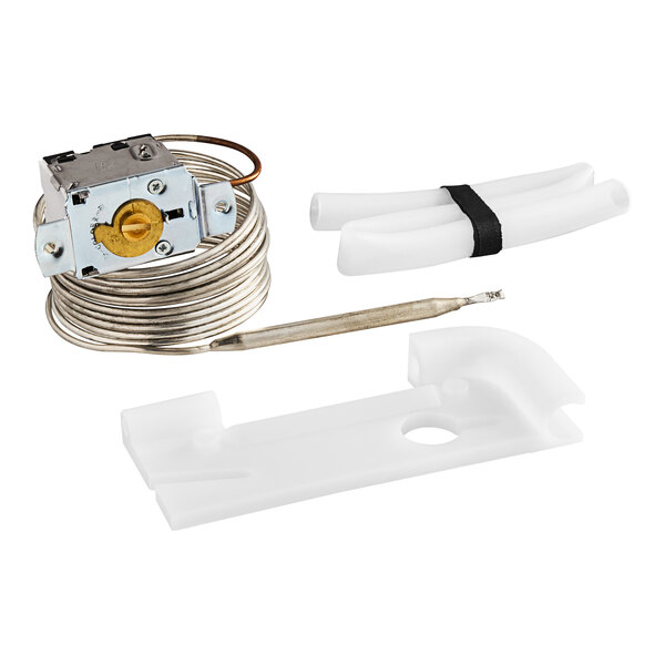 A white plastic Hoshizaki thermostat with a white wire and a yellow circle.
