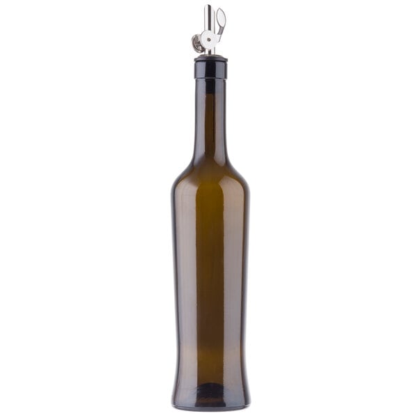 A Tablecraft dark green glass oil and vinegar bottle with a weighted stainless steel pourer.